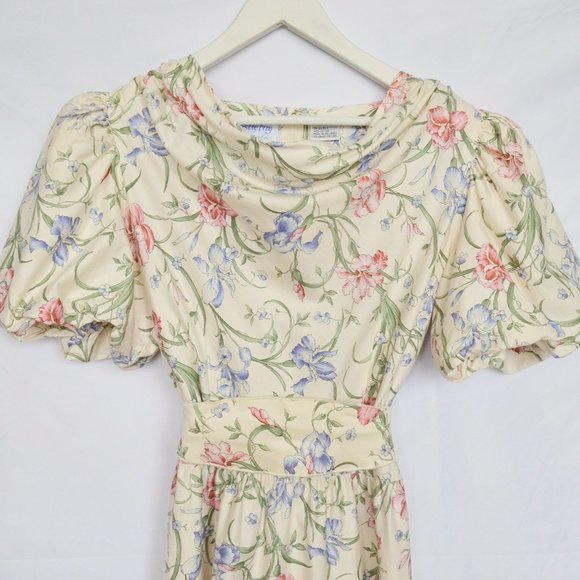 Leslie Fay for Lord & Taylor Vintage Creme Floral Puff Sleeve Dress - Picture 3 of 8